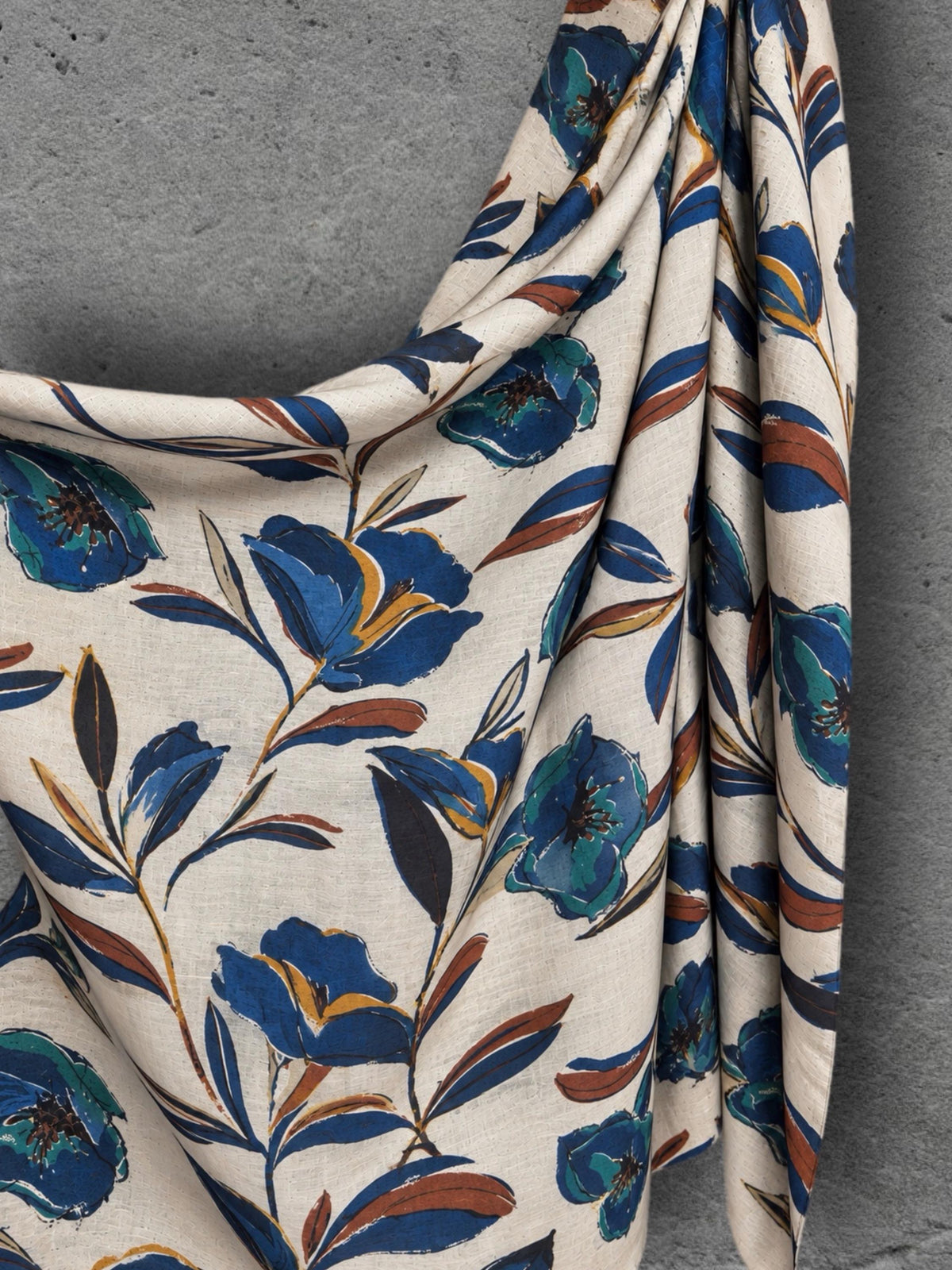 Ivory Blue Floral Print Scarf, Lightweight Autumn Wrap, Teal Botanical Shawl for Women, Ideal Gifts for Her
