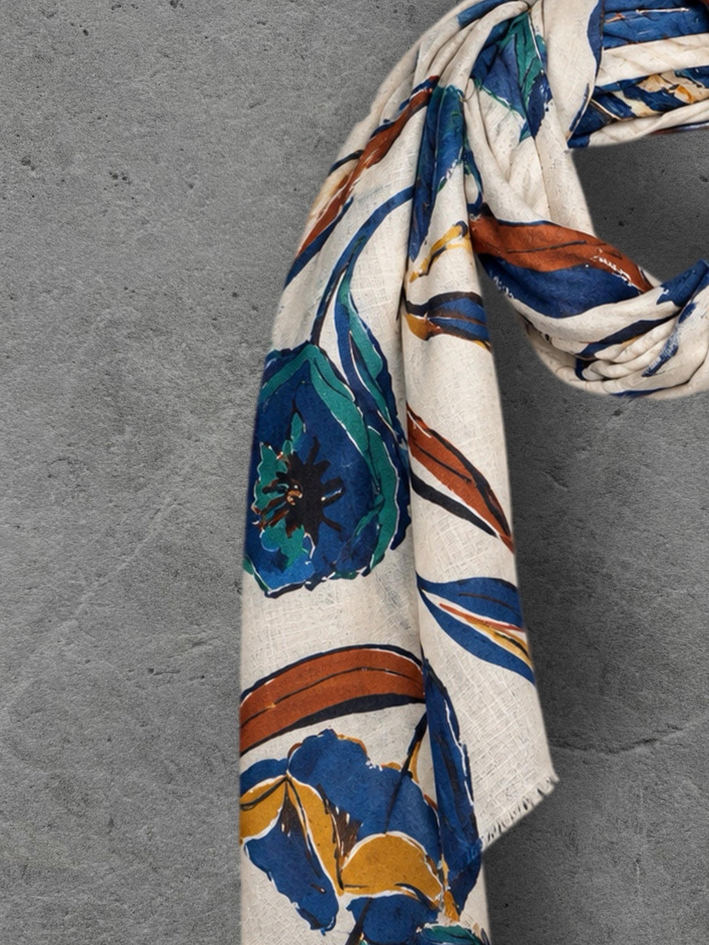 Ivory Blue Floral Print Scarf, Lightweight Autumn Wrap, Teal Botanical Shawl for Women, Ideal Gifts for Her