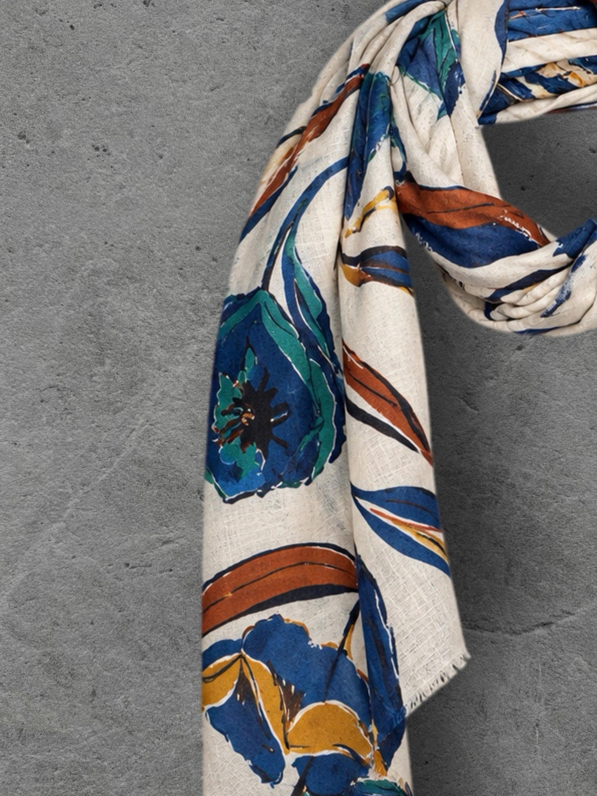 Ivory Blue Floral Print Scarf, Lightweight Autumn Wrap, Teal Botanical Shawl for Women, Ideal Gifts for Her