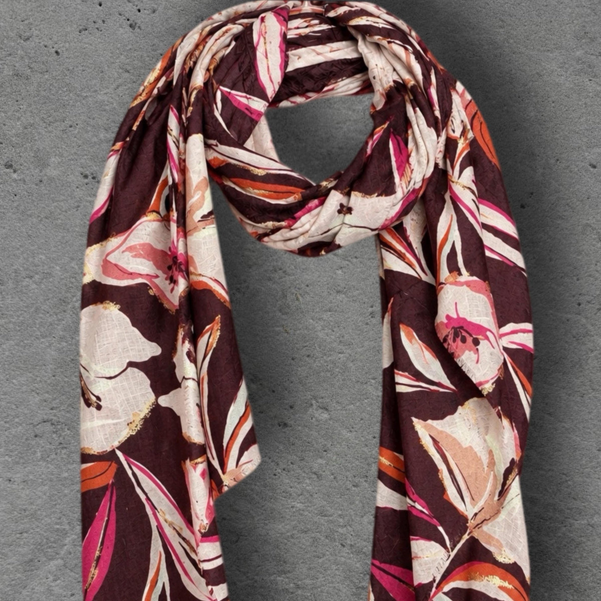 Burgundy Pink Floral Print Scarf, Lightweight Autumn Shawl, Cream Botanical Wrap for Women, Great Gift for Her