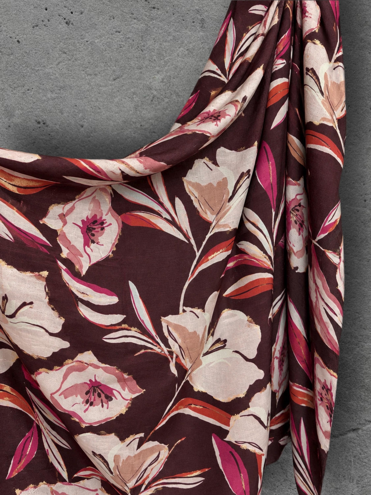 Burgundy Pink Floral Print Scarf, Lightweight Autumn Shawl, Cream Botanical Wrap for Women, Great Gift for Her