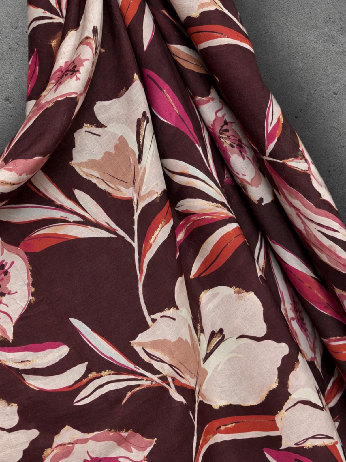 Burgundy Pink Floral Print Scarf, Lightweight Autumn Shawl, Cream Botanical Wrap for Women, Great Gift for Her