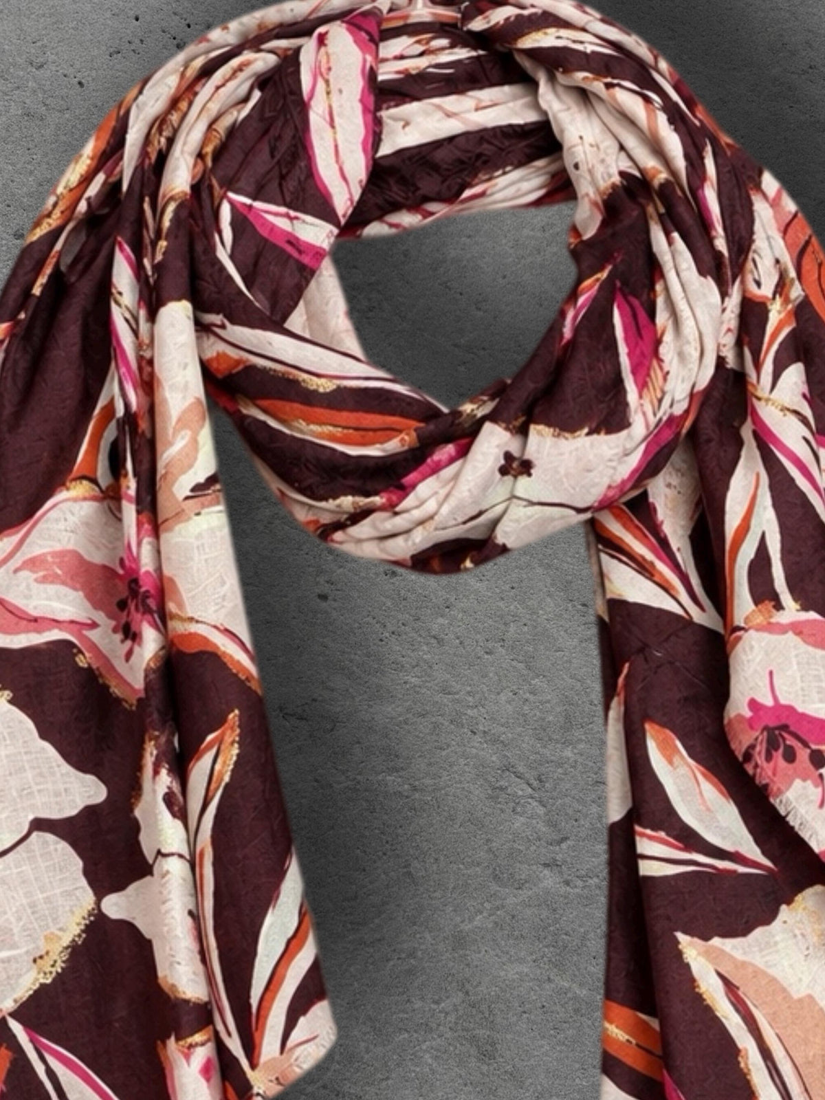 Burgundy Pink Floral Print Scarf, Lightweight Autumn Shawl, Cream Botanical Wrap for Women, Great Gift for Her