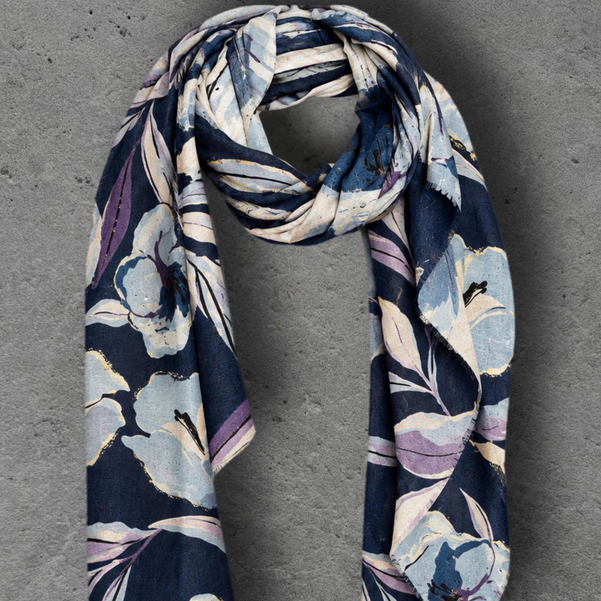 Navy Blue Floral Print Autumn Winter Scarf, Lightweight Cotton Wrap, Lilac Botanical Shawl for Women, Ideal Gift for Her