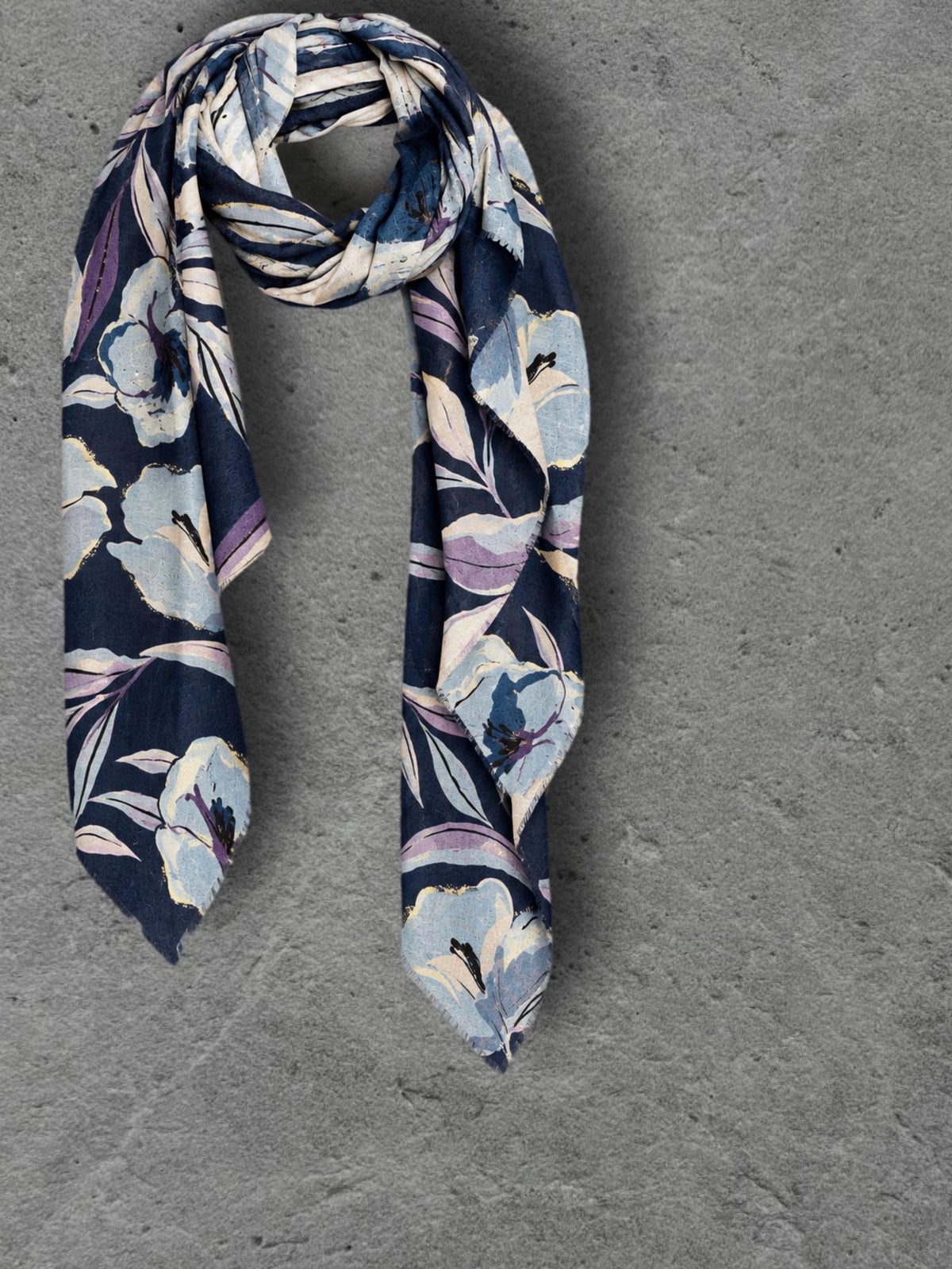 Navy Blue Floral Print Autumn Winter Scarf, Lightweight Cotton Wrap, Lilac Botanical Shawl for Women, Ideal Gift for Her