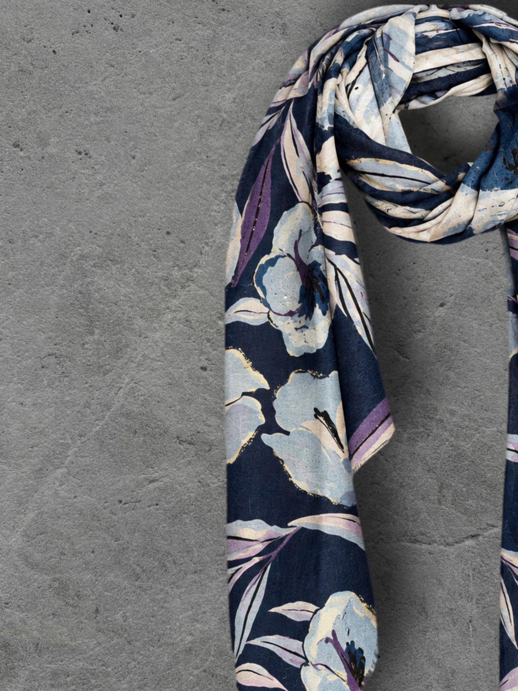 Navy Blue Floral Print Autumn Winter Scarf, Lightweight Cotton Wrap, Lilac Botanical Shawl for Women, Ideal Gift for Her