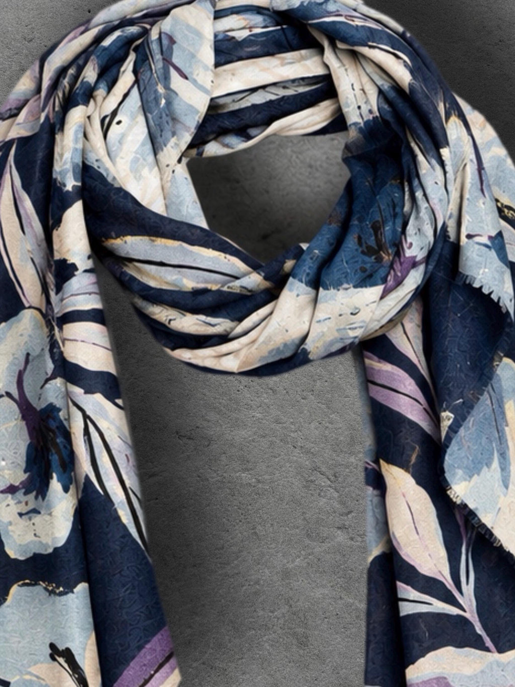 Navy Blue Floral Print Autumn Winter Scarf, Lightweight Cotton Wrap, Lilac Botanical Shawl for Women, Ideal Gift for Her
