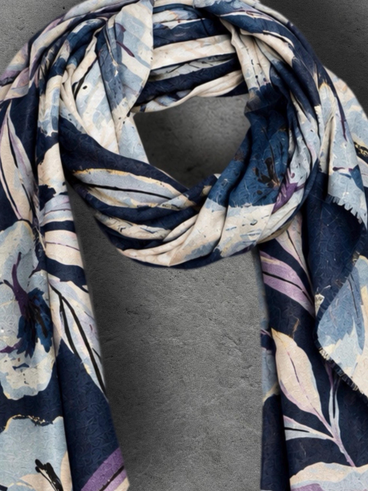 Navy Blue Floral Print Autumn Winter Scarf, Lightweight Cotton Wrap, Lilac Botanical Shawl for Women, Ideal Gift for Her