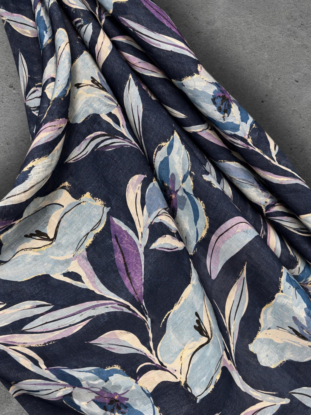 Navy Blue Floral Print Autumn Winter Scarf, Lightweight Cotton Wrap, Lilac Botanical Shawl for Women, Ideal Gift for Her