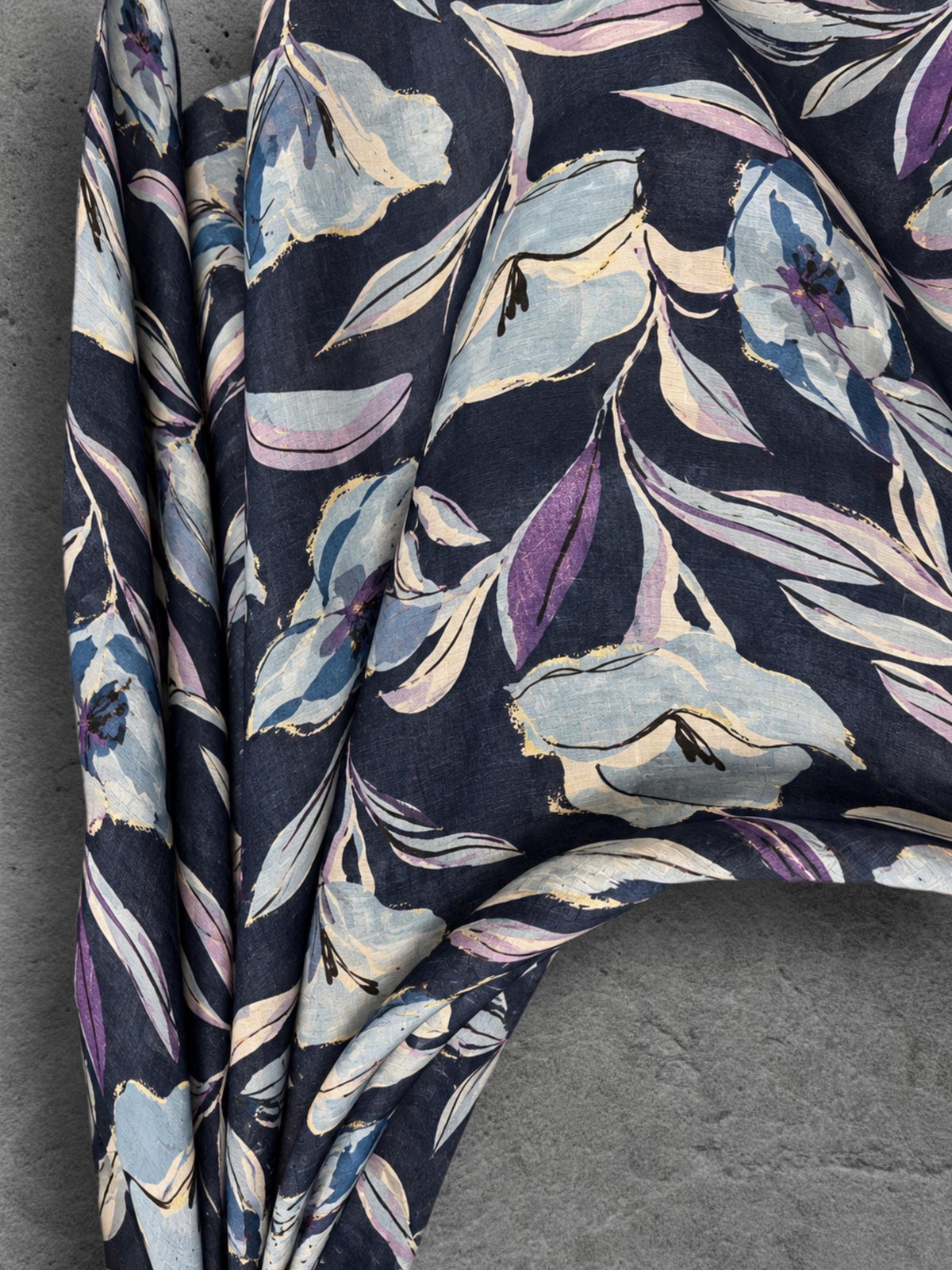 Navy Blue Floral Print Autumn Winter Scarf, Lightweight Cotton Wrap, Lilac Botanical Shawl for Women, Ideal Gift for Her