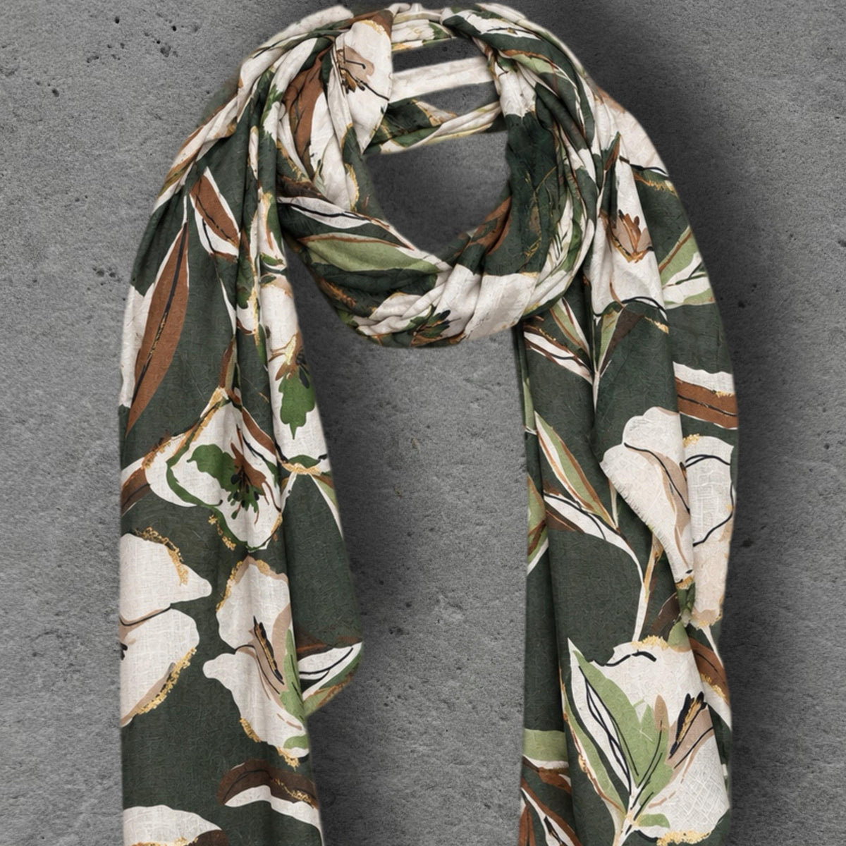Olive Green Floral Print Autumn Winter Scarf, Lightweight Cotton Shawl, Cream Botanical Wrap for Women