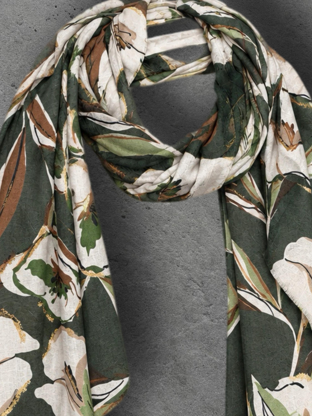 Olive Green Floral Print Autumn Winter Scarf, Lightweight Cotton Shawl, Cream Botanical Wrap for Women