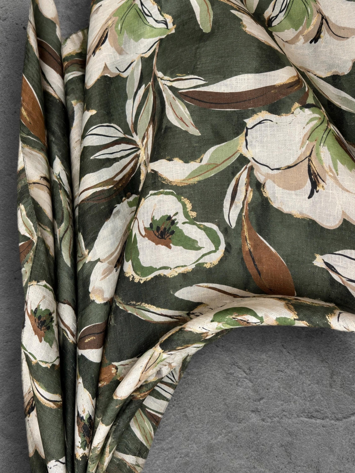Olive Green Floral Print Autumn Winter Scarf, Lightweight Cotton Shawl, Cream Botanical Wrap for Women