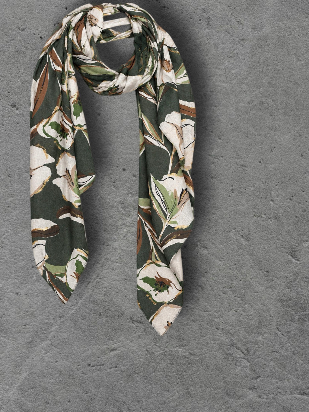 Olive Green Floral Print Autumn Winter Scarf, Lightweight Cotton Shawl, Cream Botanical Wrap for Women