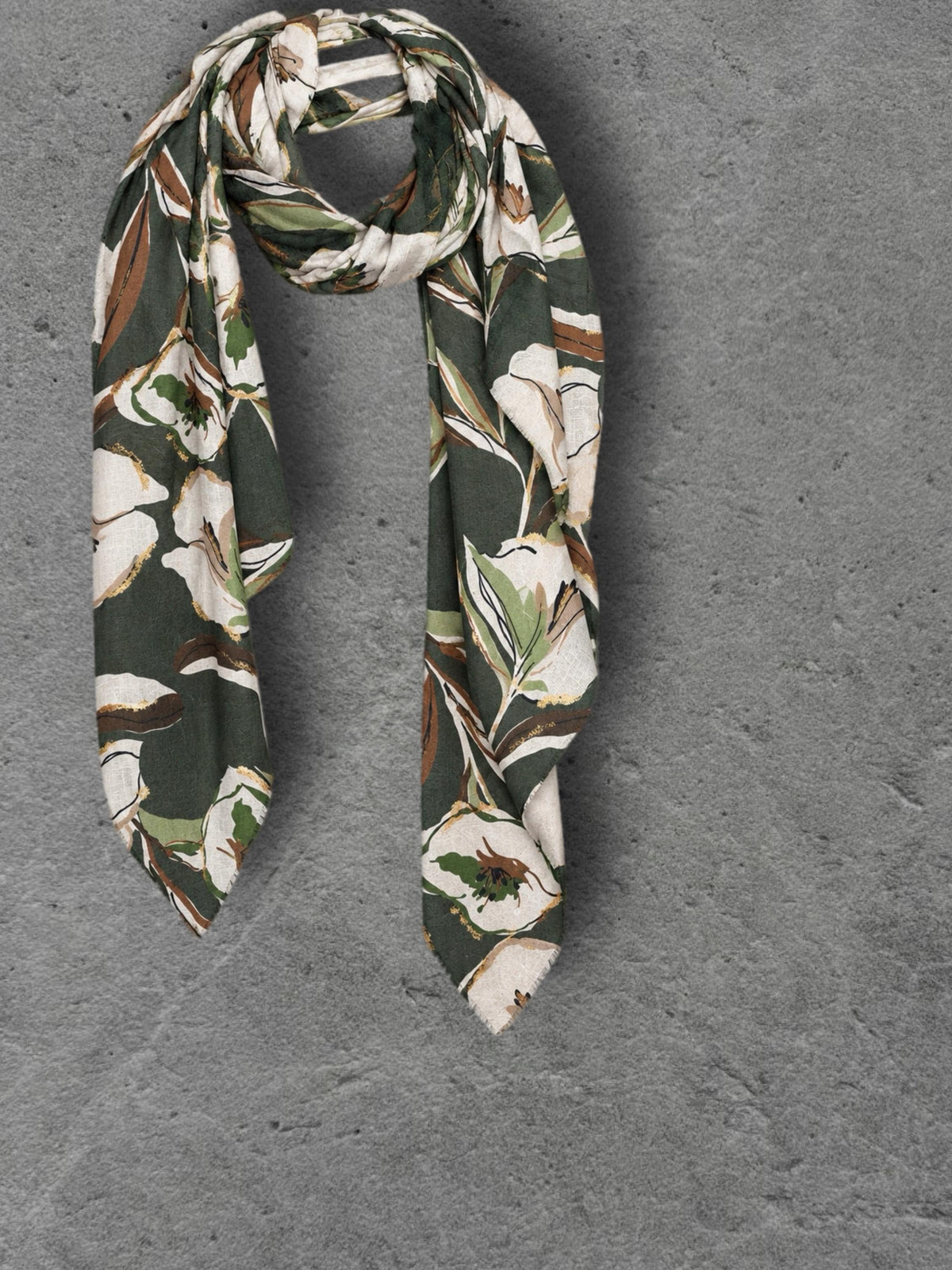 Olive Green Floral Print Autumn Winter Scarf, Lightweight Cotton Shawl, Cream Botanical Wrap for Women