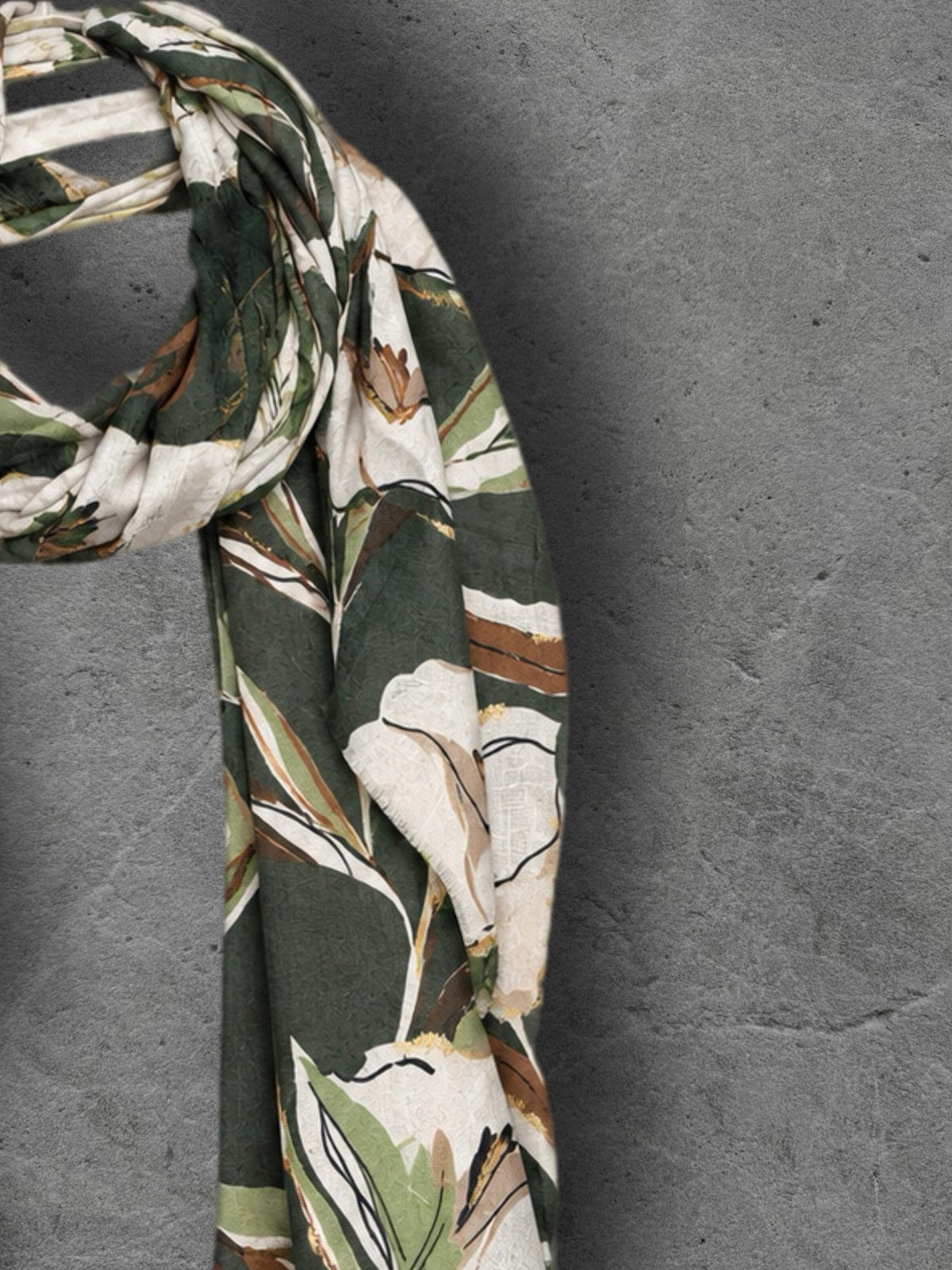 Olive Green Floral Print Autumn Winter Scarf, Lightweight Cotton Shawl, Cream Botanical Wrap for Women