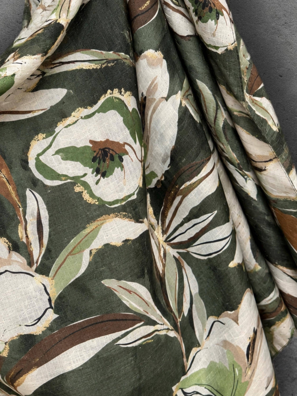 Olive Green Floral Print Autumn Winter Scarf, Lightweight Cotton Shawl, Cream Botanical Wrap for Women