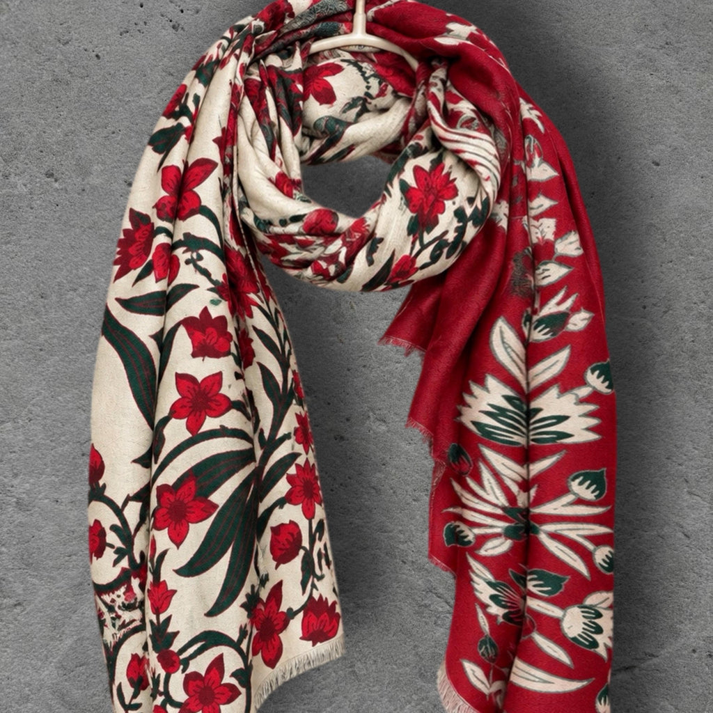 Off White and Red Heritage Garden Floral Reversible Winter Scarf, Ultra Soft Botanical Wrap, Cozy Gifts for Her
