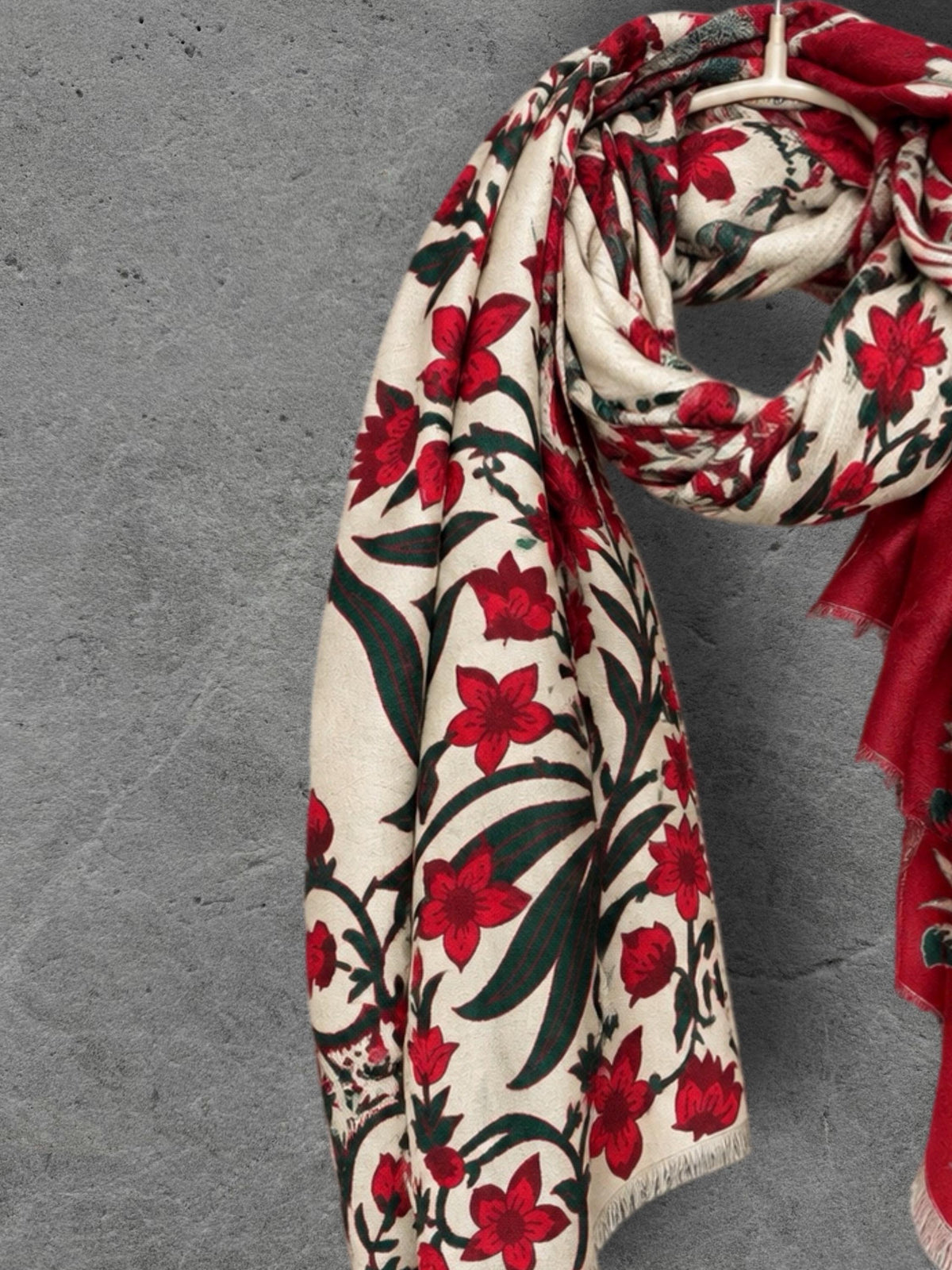 Off White and Red Heritage Garden Floral Reversible Winter Scarf, Ultra Soft Botanical Wrap, Cozy Gifts for Her