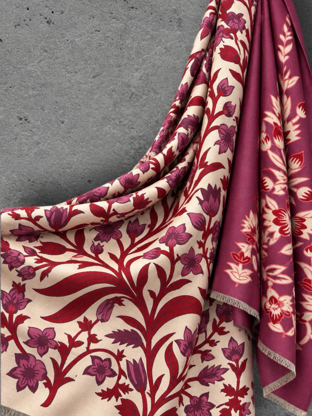 Cream and Burgundy Heritage Garden Floral Reversible Winter Scarf, Luxury Shawl for Women, Warm Gift for Her