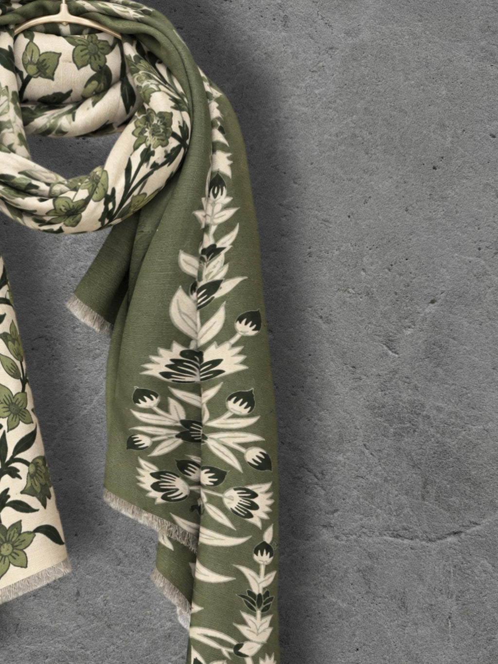 Beige and Olive Green Heritage Garden Floral Reversible Winter Scarf, Cosy Botanical Wrap, Thoughtful Gifts for Her