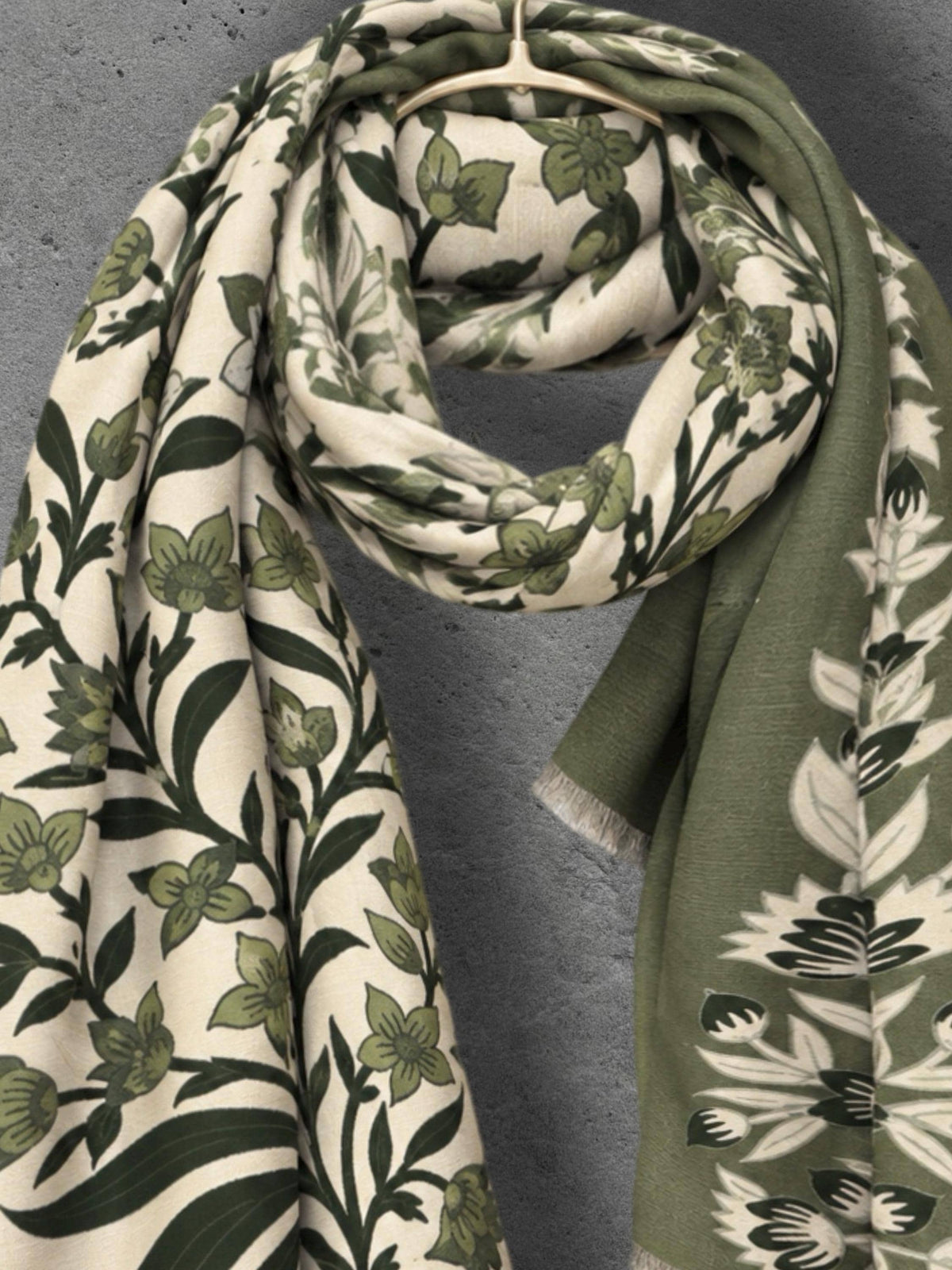 Beige and Olive Green Heritage Garden Floral Reversible Winter Scarf, Cosy Botanical Wrap, Thoughtful Gifts for Her
