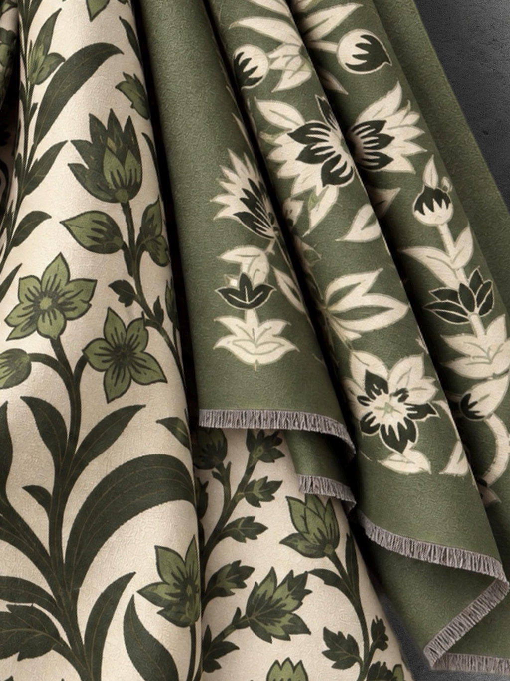 Beige and Olive Green Heritage Garden Floral Reversible Winter Scarf, Cosy Botanical Wrap, Thoughtful Gifts for Her