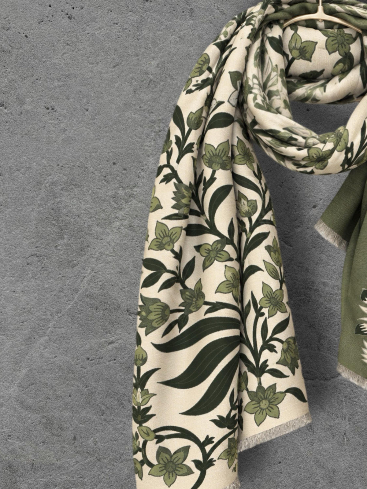 Beige and Olive Green Heritage Garden Floral Reversible Winter Scarf, Cosy Botanical Wrap, Thoughtful Gifts for Her