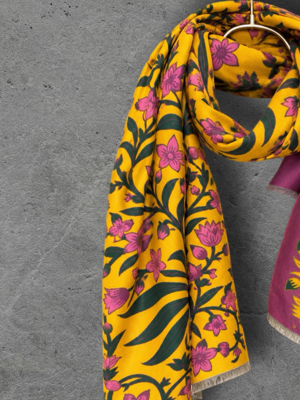 Mustard Yellow and Purple Heritage Garden Floral Reversible Winter Scarf, Warm Shawl for Women, Ideal Christmas Gifts