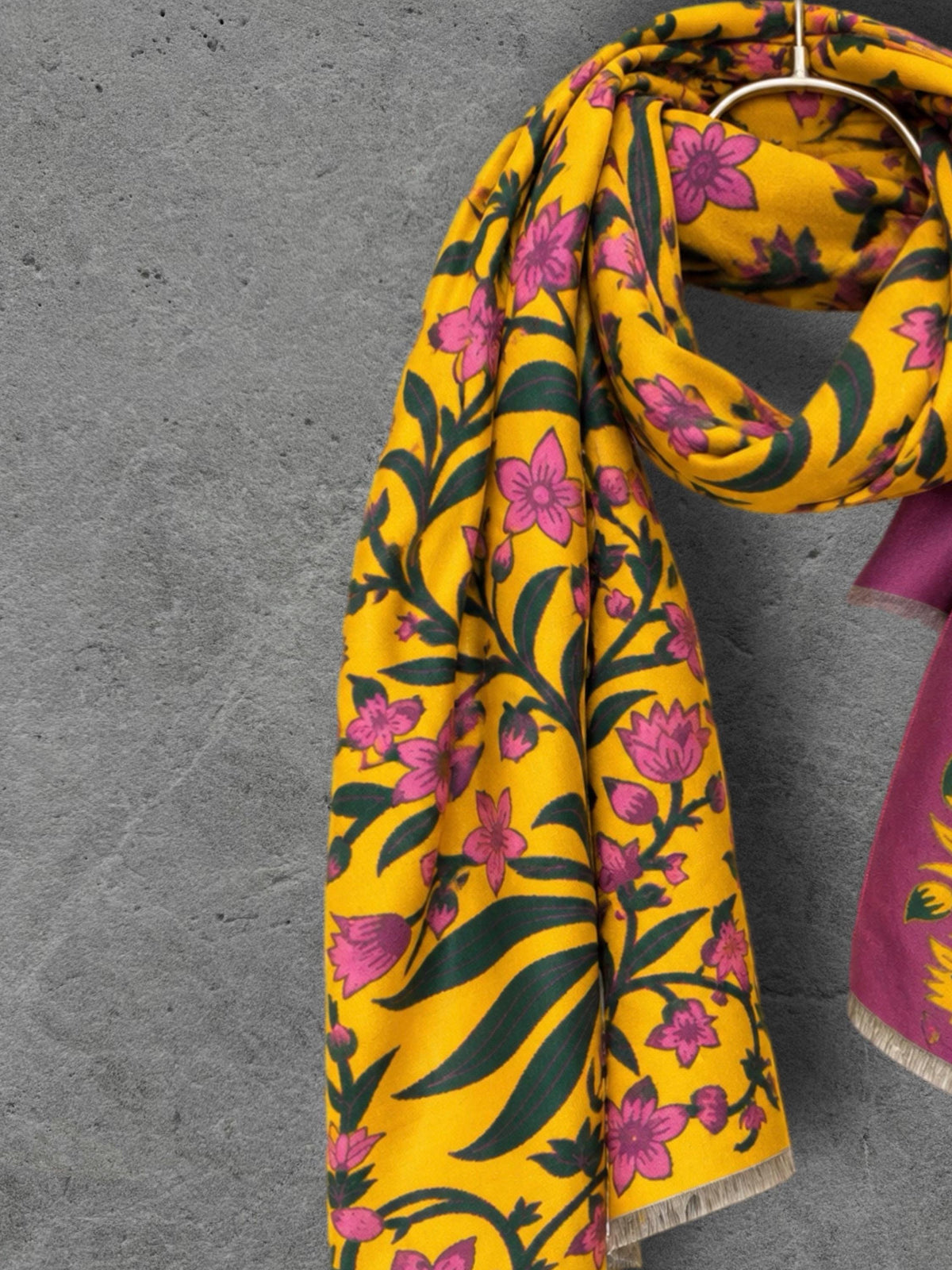 Mustard Yellow and Purple Heritage Garden Floral Reversible Winter Scarf, Warm Shawl for Women, Ideal Christmas Gifts