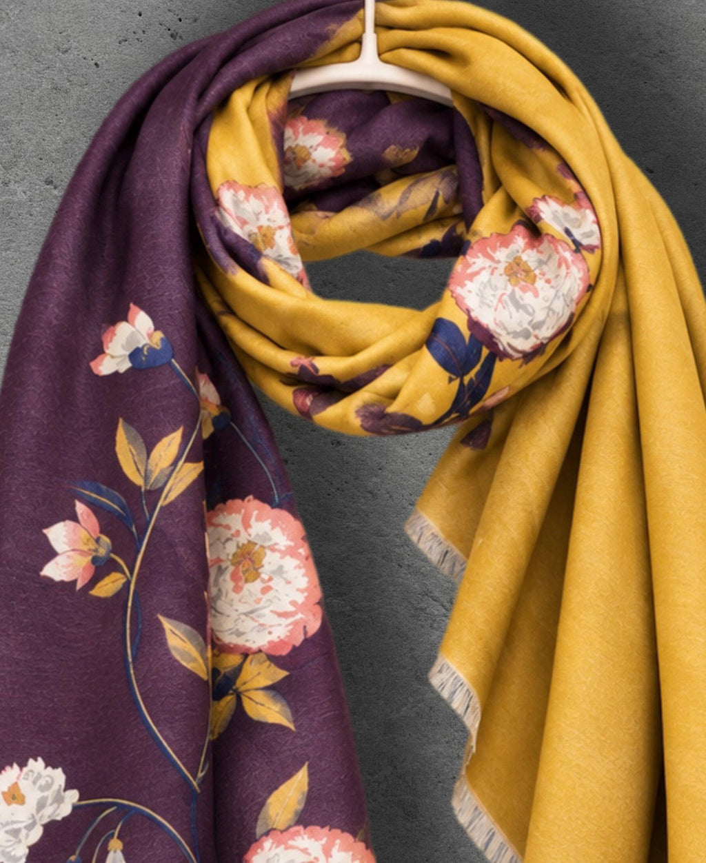 Mustard Yellow & Plum Purple Reversible Floral Winter Scarf, Warm Shoulder Wrap, Cozy Gifts for Her