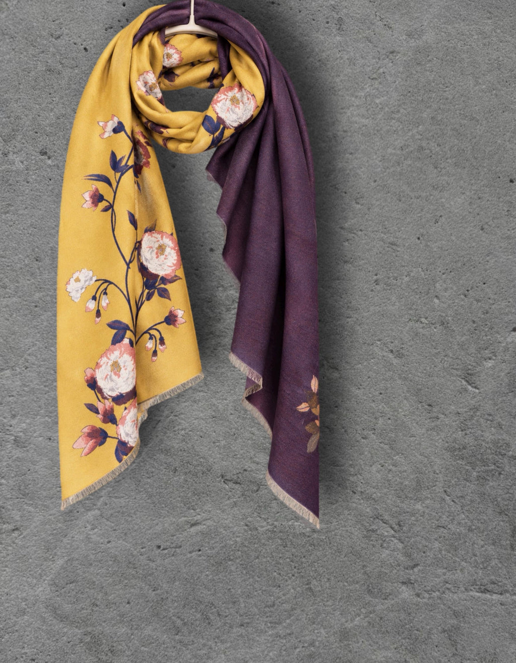 Mustard Yellow & Plum Purple Reversible Floral Winter Scarf, Warm Shoulder Wrap, Cozy Gifts for Her