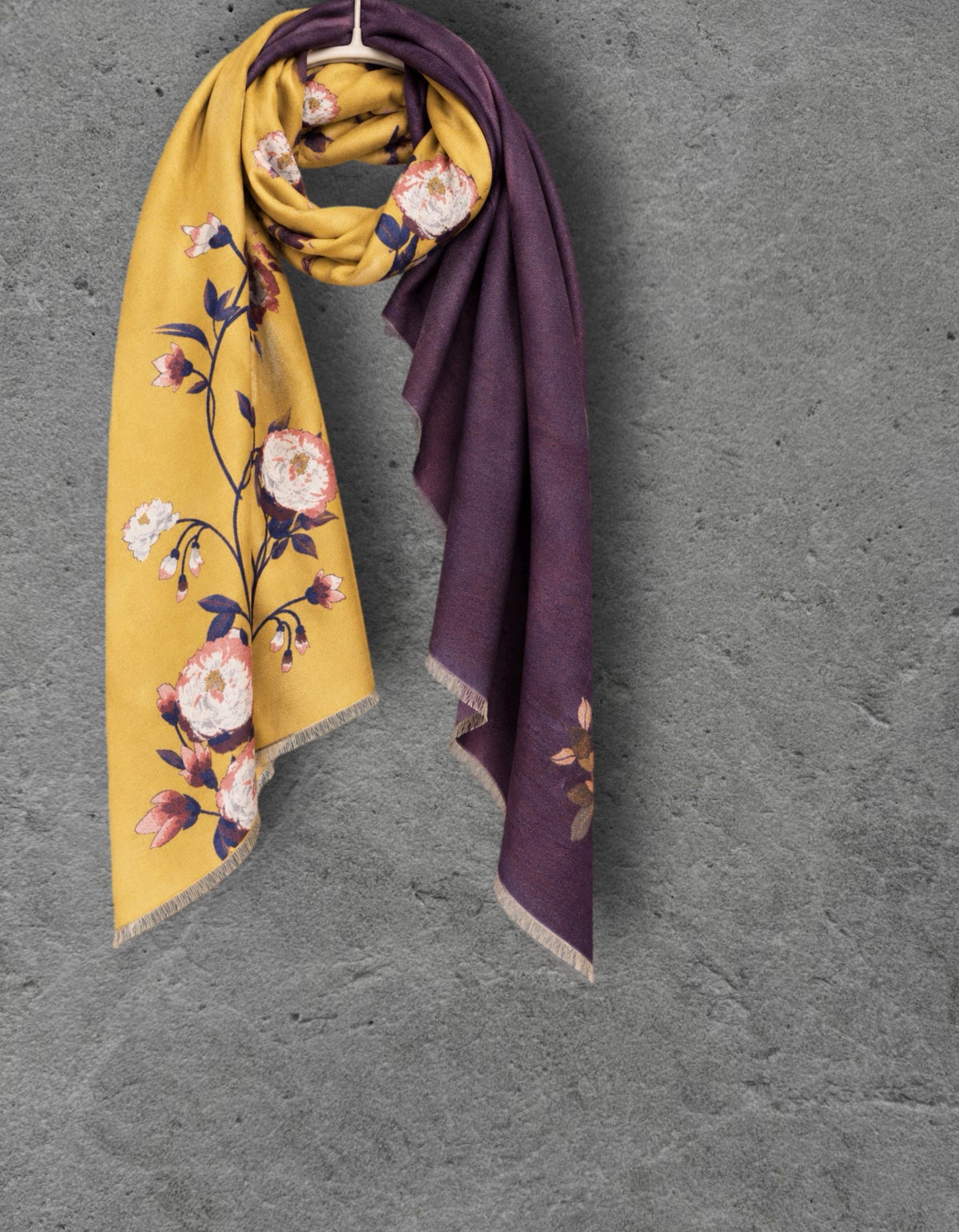 Mustard Yellow & Plum Purple Reversible Floral Winter Scarf, Warm Shoulder Wrap, Cozy Gifts for Her