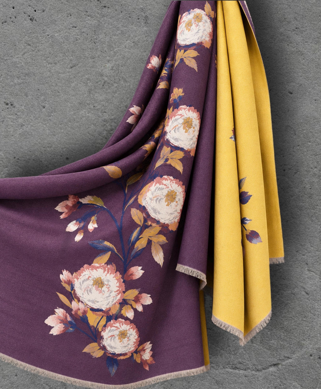Mustard Yellow & Plum Purple Reversible Floral Winter Scarf, Warm Shoulder Wrap, Cozy Gifts for Her