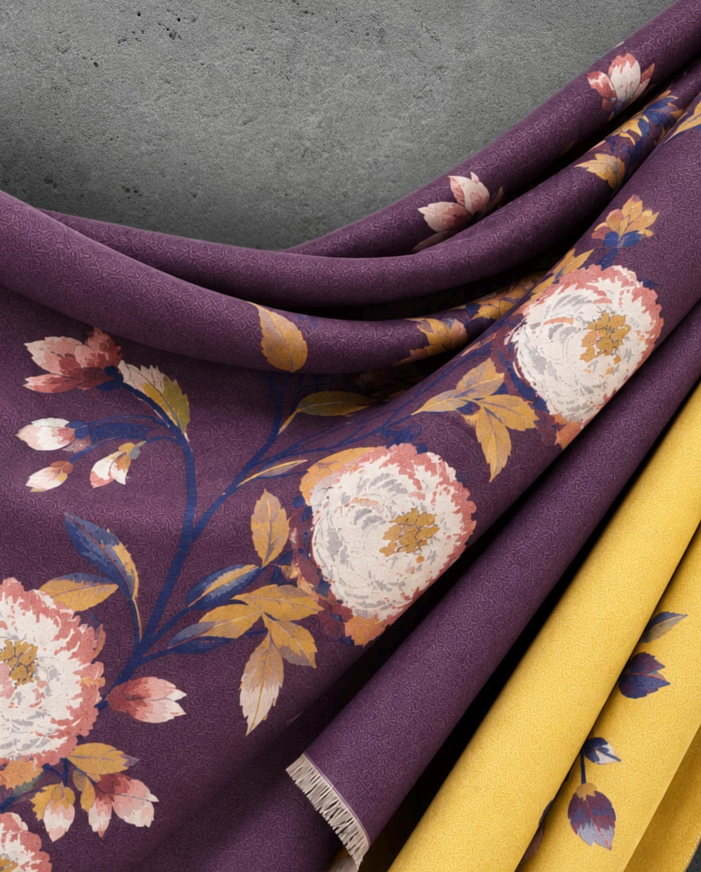 Mustard Yellow & Plum Purple Reversible Floral Winter Scarf, Warm Shoulder Wrap, Cozy Gifts for Her