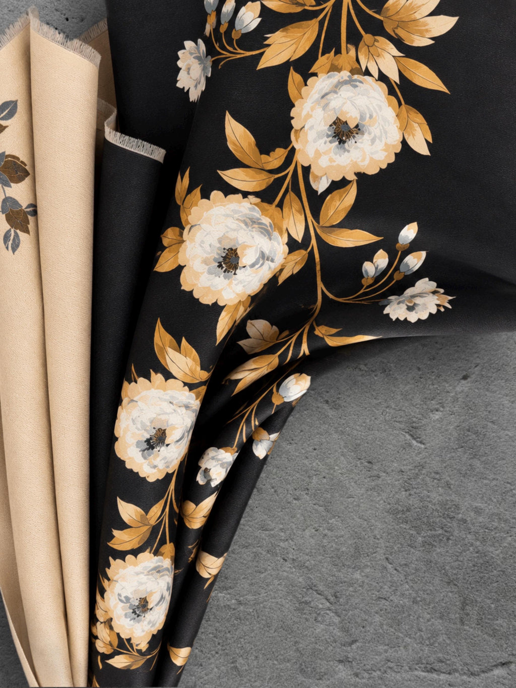 Black & Champagne Beige Reversible Peony Floral Winter Scarf with Short Fringe, Ultra Soft Shawl for Women,Cozy Gifts for Her