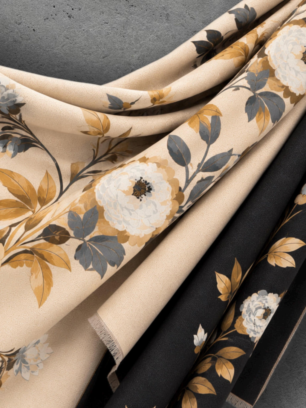 Black & Champagne Beige Reversible Peony Floral Winter Scarf with Short Fringe, Ultra Soft Shawl for Women,Cozy Gifts for Her