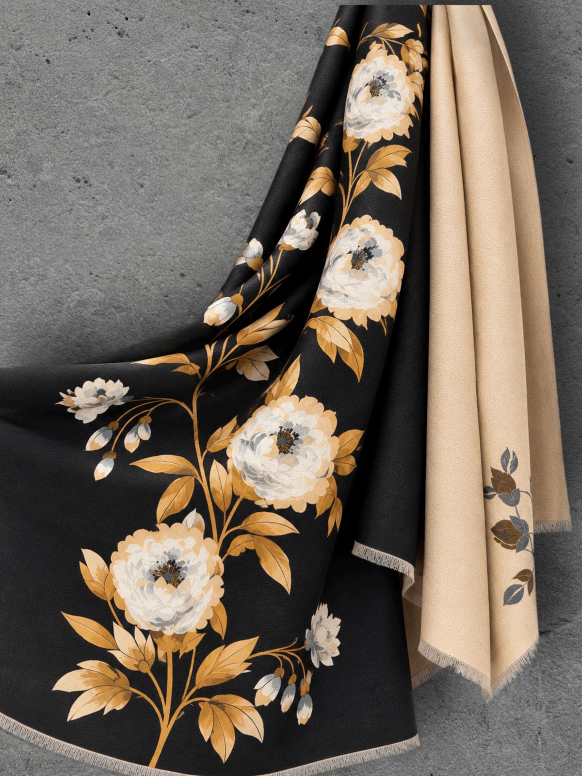Black & Champagne Beige Reversible Peony Floral Winter Scarf with Short Fringe, Ultra Soft Shawl for Women,Cozy Gifts for Her