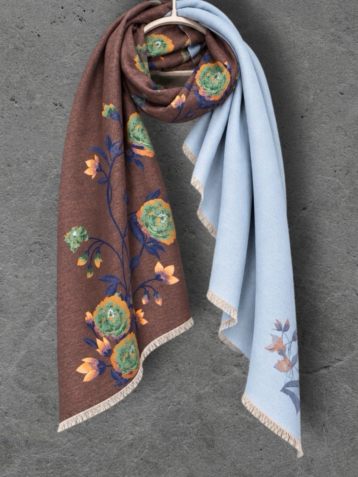 Light Blue & Chocolate Brown Double Sided Peony Winter Scarf, Elegant Wrap for Women, Cozy Gifts for Her