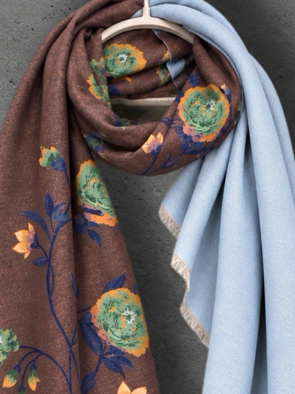 Light Blue & Chocolate Brown Double Sided Peony Winter Scarf, Elegant Wrap for Women, Cozy Gifts for Her