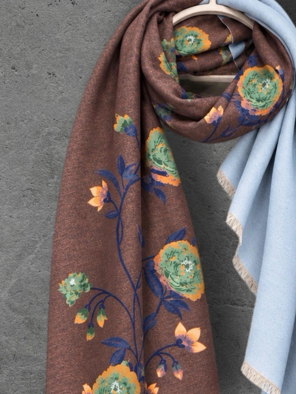 Light Blue & Chocolate Brown Double Sided Peony Winter Scarf, Elegant Wrap for Women, Cozy Gifts for Her