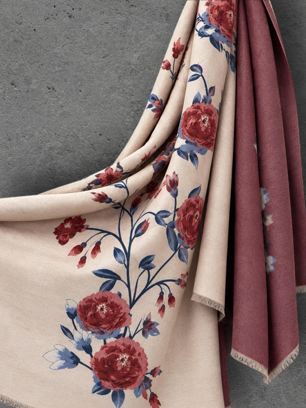 Beige & Brown Burgundy Reversible Winter Scarf, Peony Floral Shoulder Wrap for Women,Ultra Soft Shawl, Elegant Gifts for Her