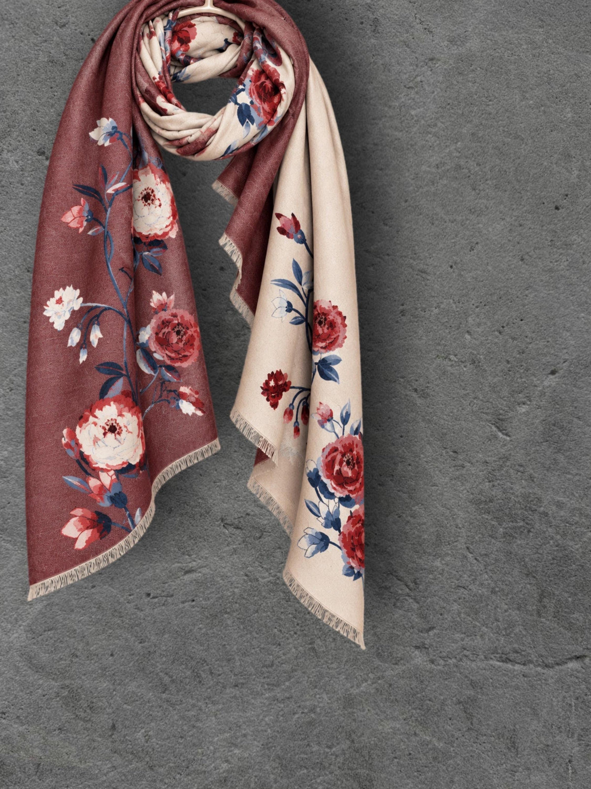Beige & Brown Burgundy Reversible Winter Scarf, Peony Floral Shoulder Wrap for Women,Ultra Soft Shawl, Elegant Gifts for Her