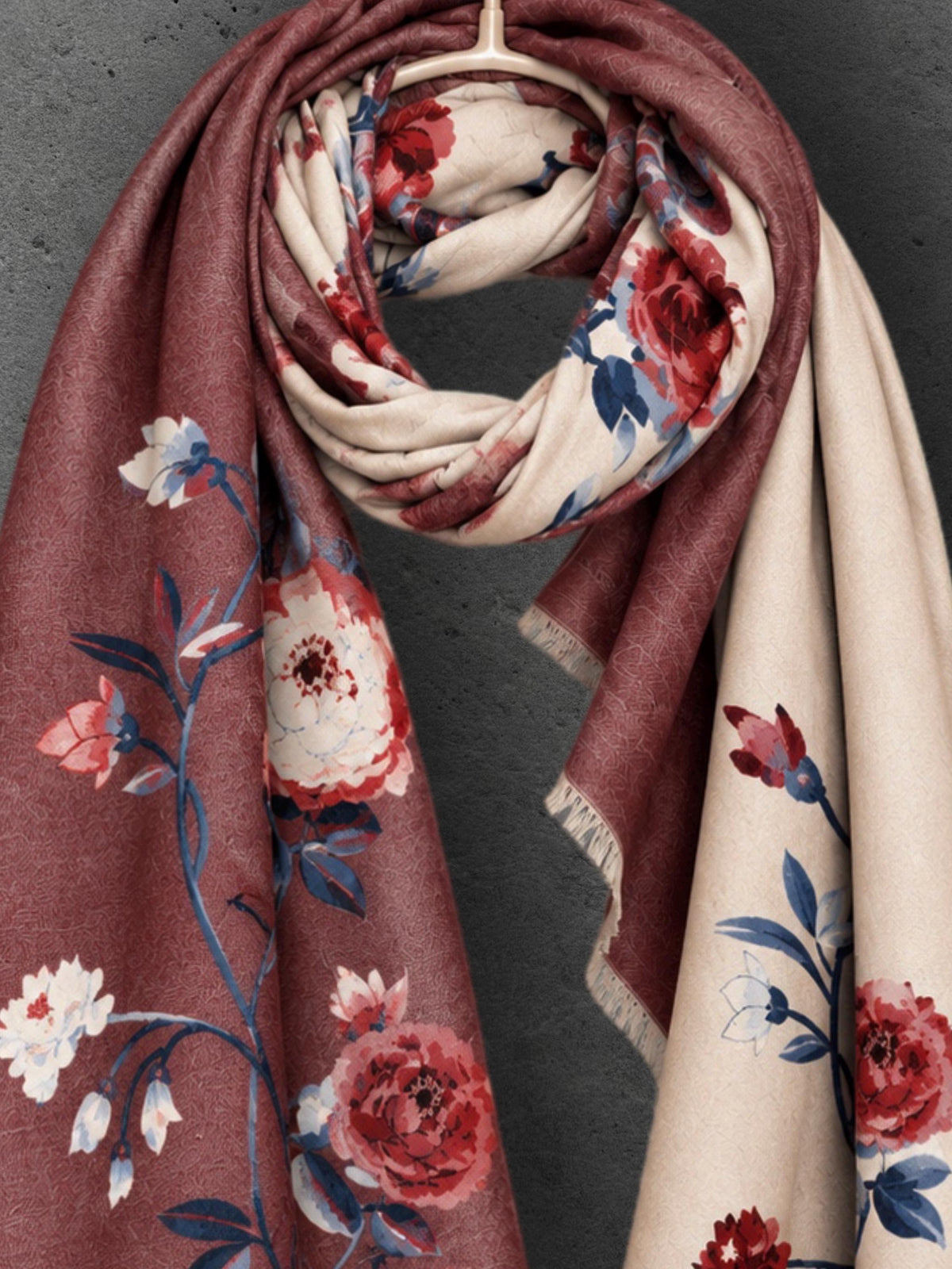 Beige & Brown Burgundy Reversible Winter Scarf, Peony Floral Shoulder Wrap for Women,Ultra Soft Shawl, Elegant Gifts for Her