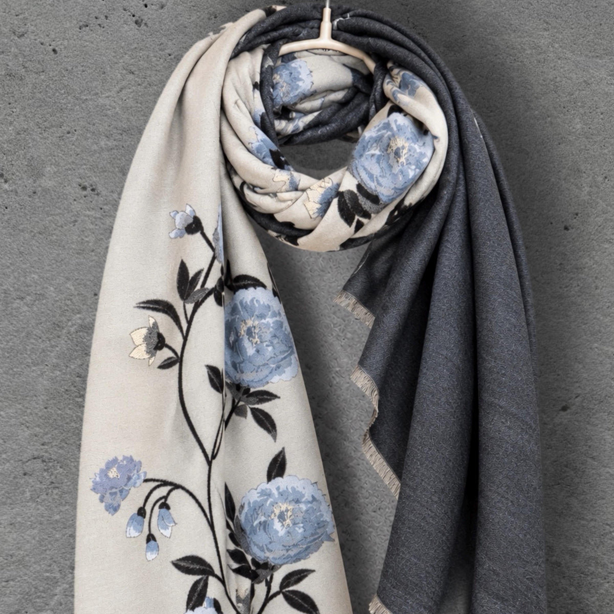 Ivory White & Charcoal Grey Floral Winter Scarf, Reversible Blue Peony Wrap, Cozy Shawl for Women, Elegant Gifts for Her