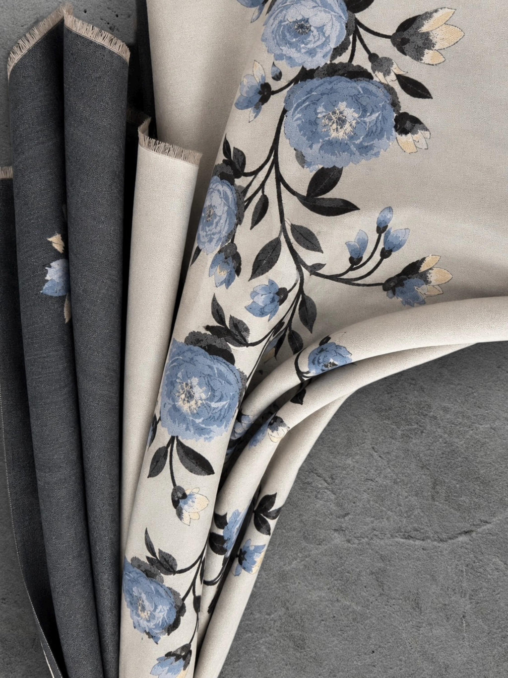 Ivory White & Charcoal Grey Floral Winter Scarf, Reversible Blue Peony Wrap, Cozy Shawl for Women, Elegant Gifts for Her