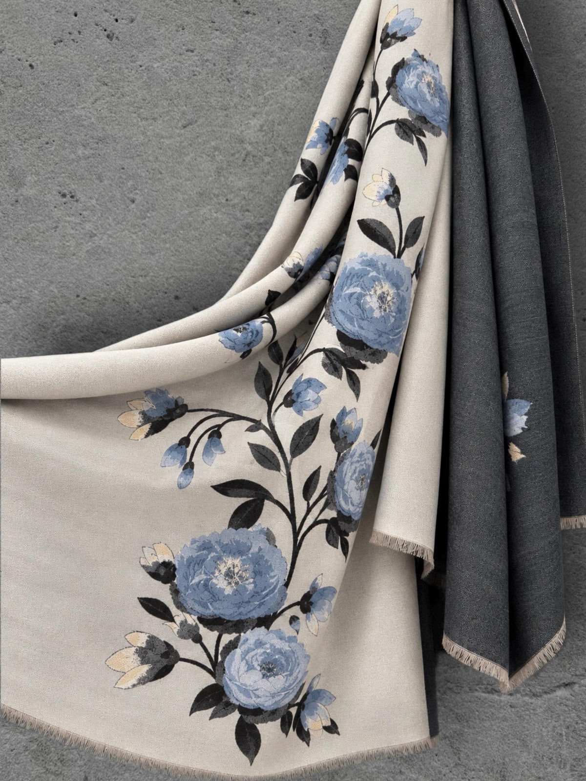 Ivory White & Charcoal Grey Floral Winter Scarf, Reversible Blue Peony Wrap, Cozy Shawl for Women, Elegant Gifts for Her