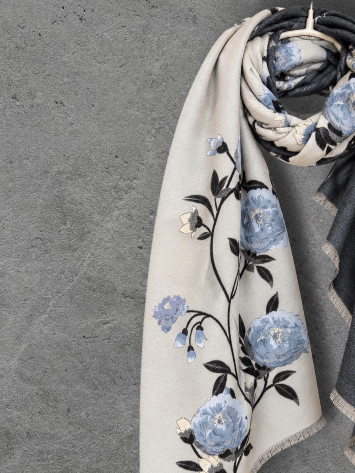 Ivory White & Charcoal Grey Floral Winter Scarf, Reversible Blue Peony Wrap, Cozy Shawl for Women, Elegant Gifts for Her