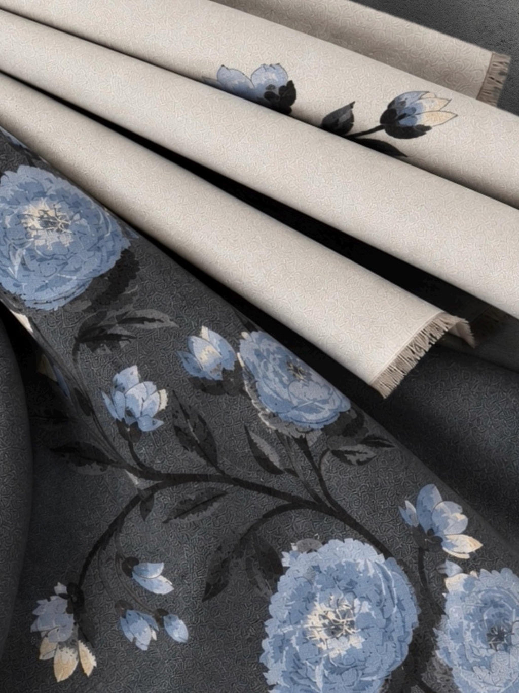 Ivory White & Charcoal Grey Floral Winter Scarf, Reversible Blue Peony Wrap, Cozy Shawl for Women, Elegant Gifts for Her