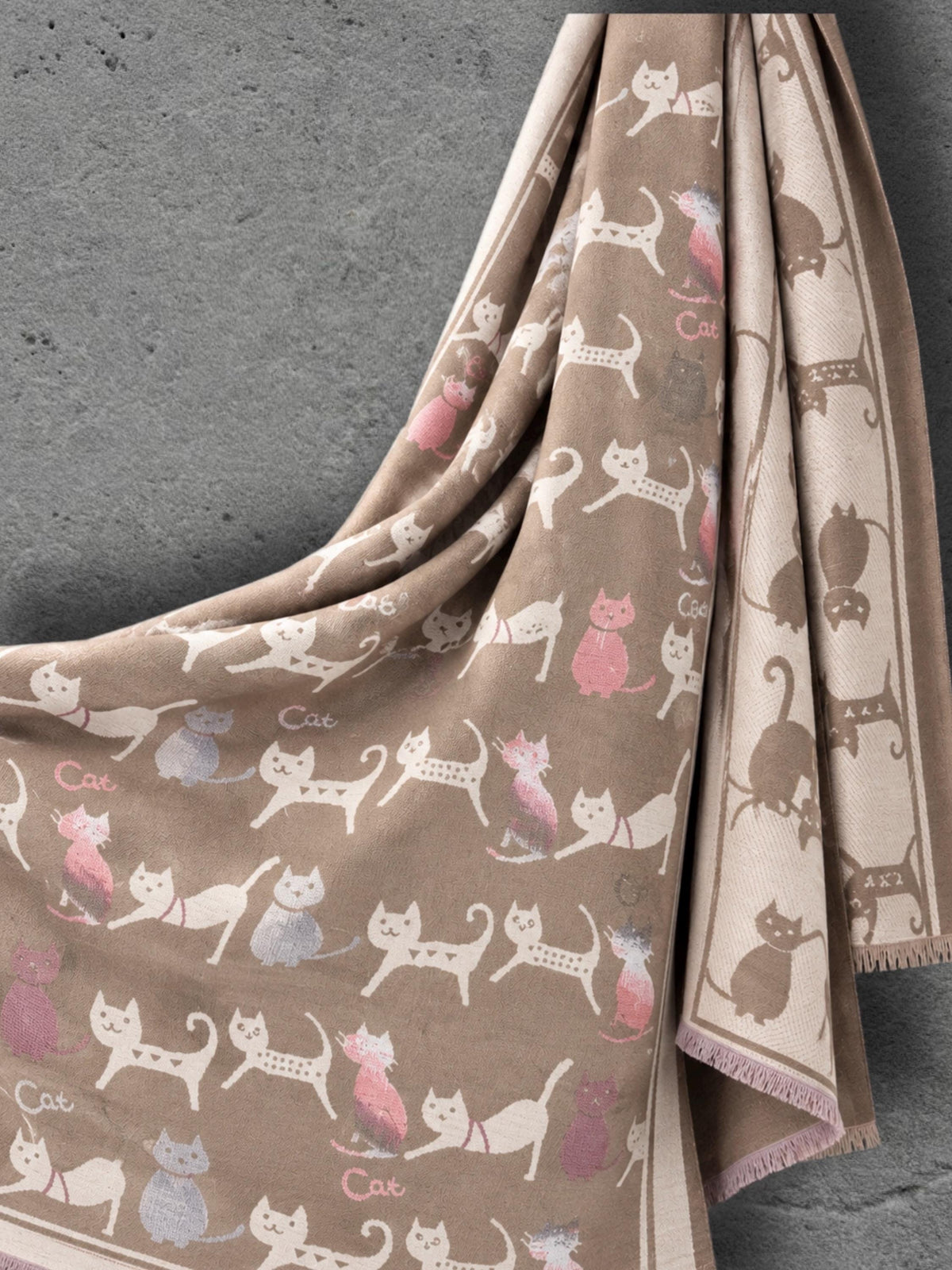 Taupe & Cream Cat Pattern Reversible Winter Scarf, Double Sided Wrap, Warm Shawl for Women, Ideal Gifts for Her